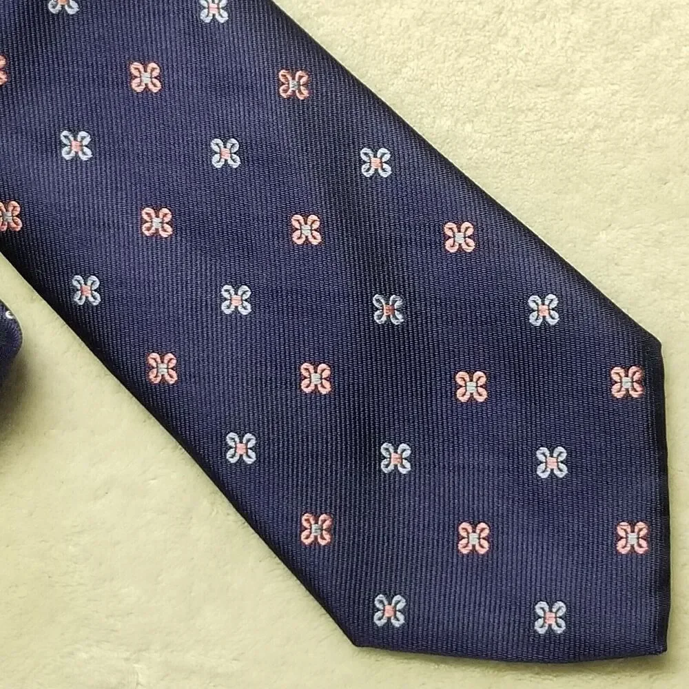 Joseph Turner Tie Necktie Pure Silk Navy Blue Pink Floral Heavy Preppy Office